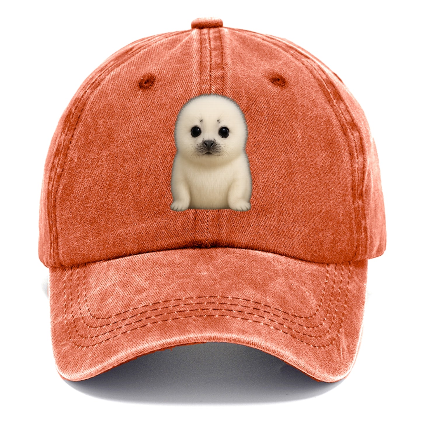 Baby Harp Seal - pure white fluffy fur, enormous dark eyes, front-facing, iconic cute - Classic Cap - Terracotta Clay(Orange)