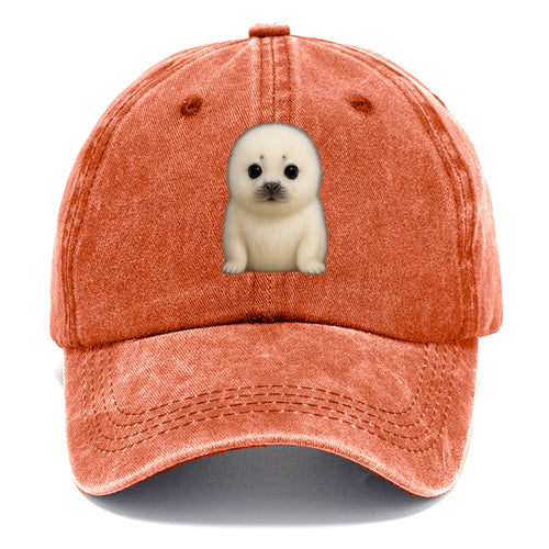 Baby Harp Seal - pure white fluffy fur, enormous dark eyes, front-facing, iconic cute - Classic Cap