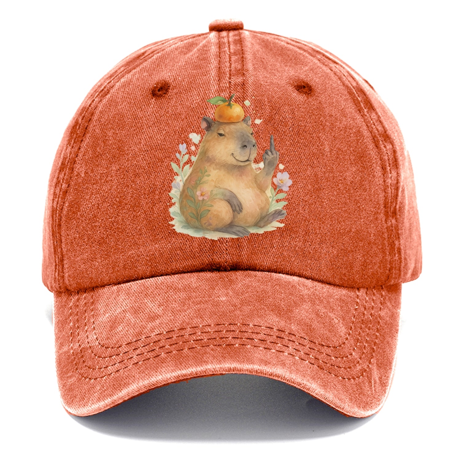 chonky capybara relaxing with orange on head, one webbed middle finger up - Classic Cap - Terracotta Clay(Orange)