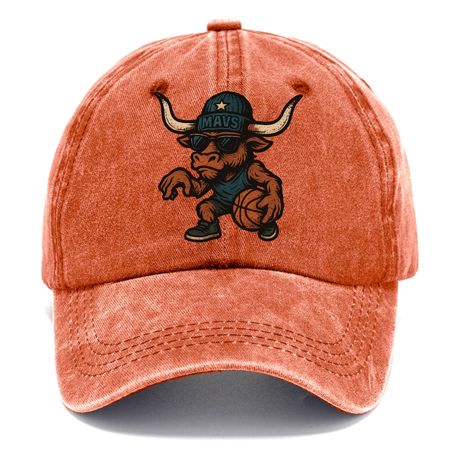 Texas Longhorn wearing Mavs beanie with lone star patch and wayfarer sunglasses - Classic Cap - Terracotta Clay(Orange)