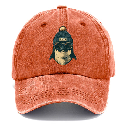 Washington Orca wearing Seattle beanie with pom pom and wayfarer sunglasses - Classic Cap - Terracotta Clay(Orange)