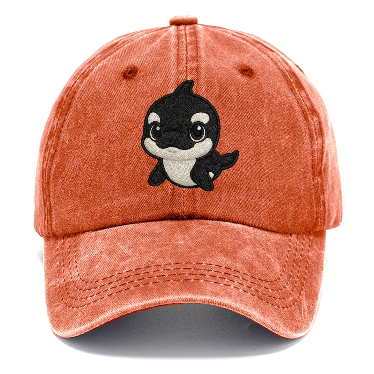 Baby Orca - black and white pattern, white eye patch, front-facing, curious and - Classic Cap - Terracotta Clay(Orange)