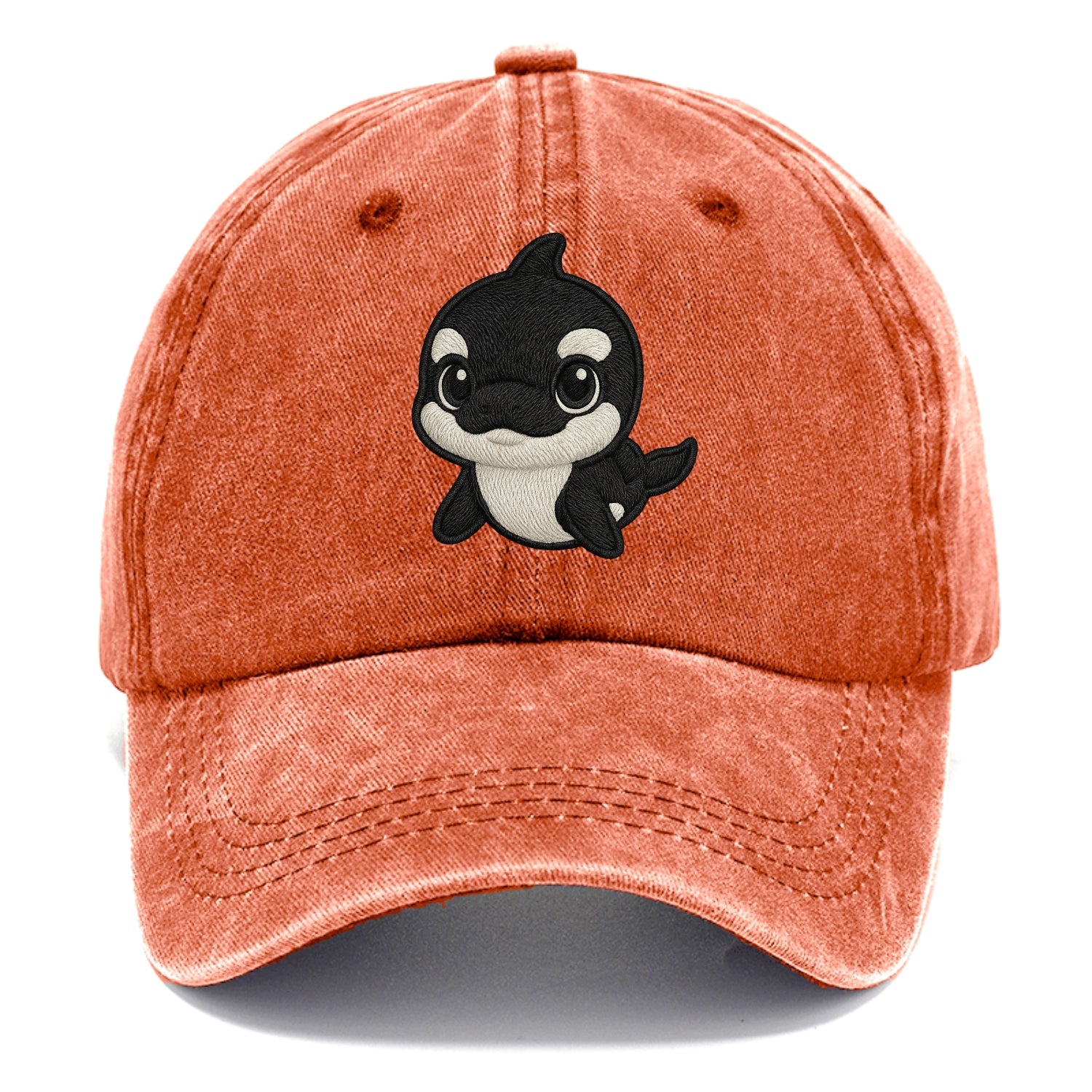 Baby Orca - black and white pattern, white eye patch, front-facing, curious and - Classic Cap - Terracotta Clay(Orange)