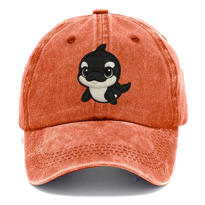 Baby Orca - black and white pattern, white eye patch, front-facing, curious and - Classic Cap - Terracotta Clay(Orange)