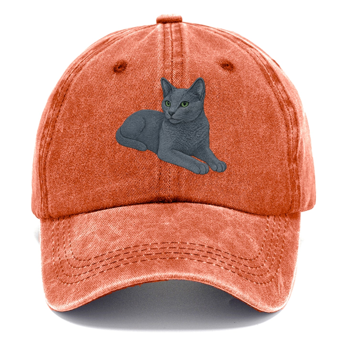 Russian Blue  relaxed lying down with he Classic Cap - Terracotta Clay(Orange)