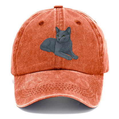 Russian Blue  relaxed lying down with he Classic Cap - Terracotta Clay(Orange)
