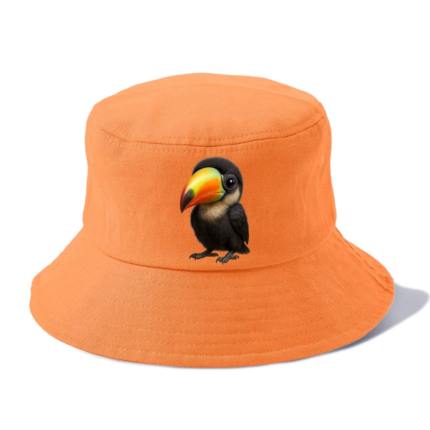 Baby Toucan - oversized colorful beak, black feathers, bright eyes, front-facing, - Bucket Hat - Terracotta Clay(Orange)