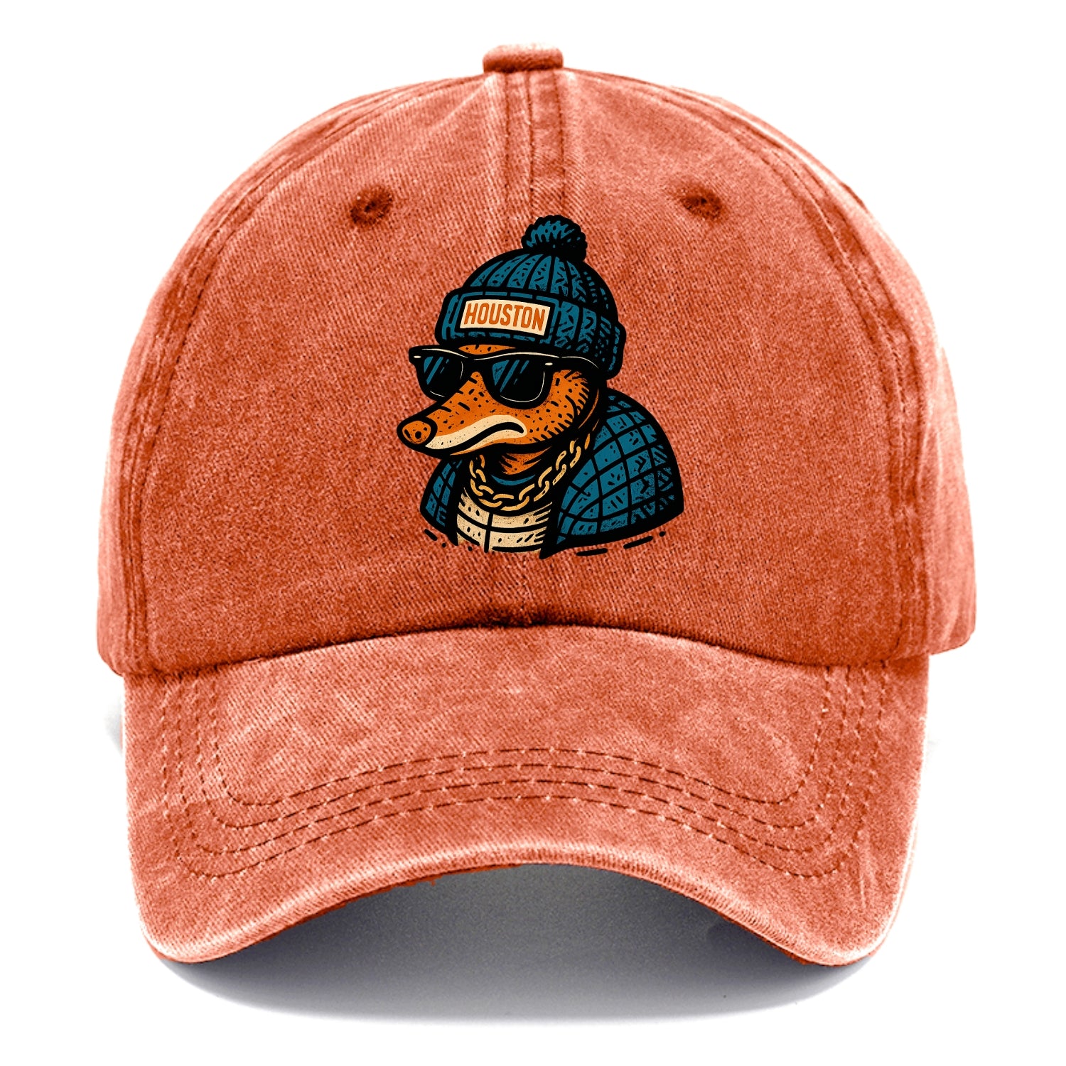 Houston Armadillo wearing Houston beanie with pom pom and wayfarer sunglasses - Classic Cap - Terracotta Clay(Orange)
