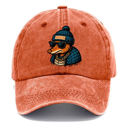Houston Armadillo wearing Houston beanie with pom pom and wayfarer sunglasses - Classic Cap - Terracotta Clay(Orange)