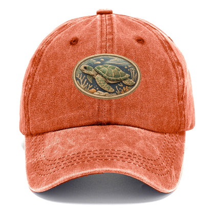 SEA TURTLE - swimming turtle in green and blue , ocean life - Classic Cap - Terracotta Clay(Orange)