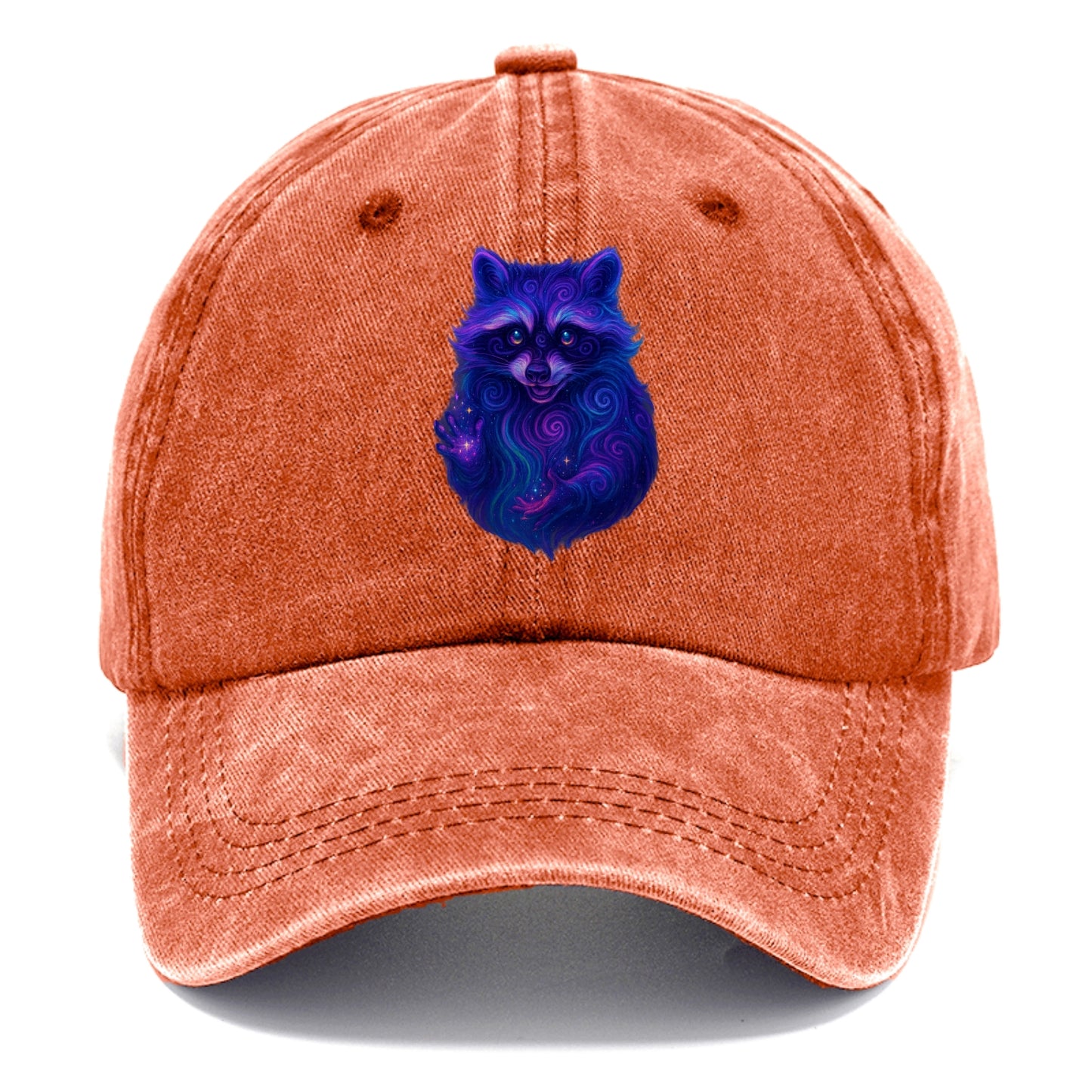 Playful raccoon with mask swirling in hypnotic patterns, neon purple and green fur - Classic Cap - Terracotta Clay(Orange)