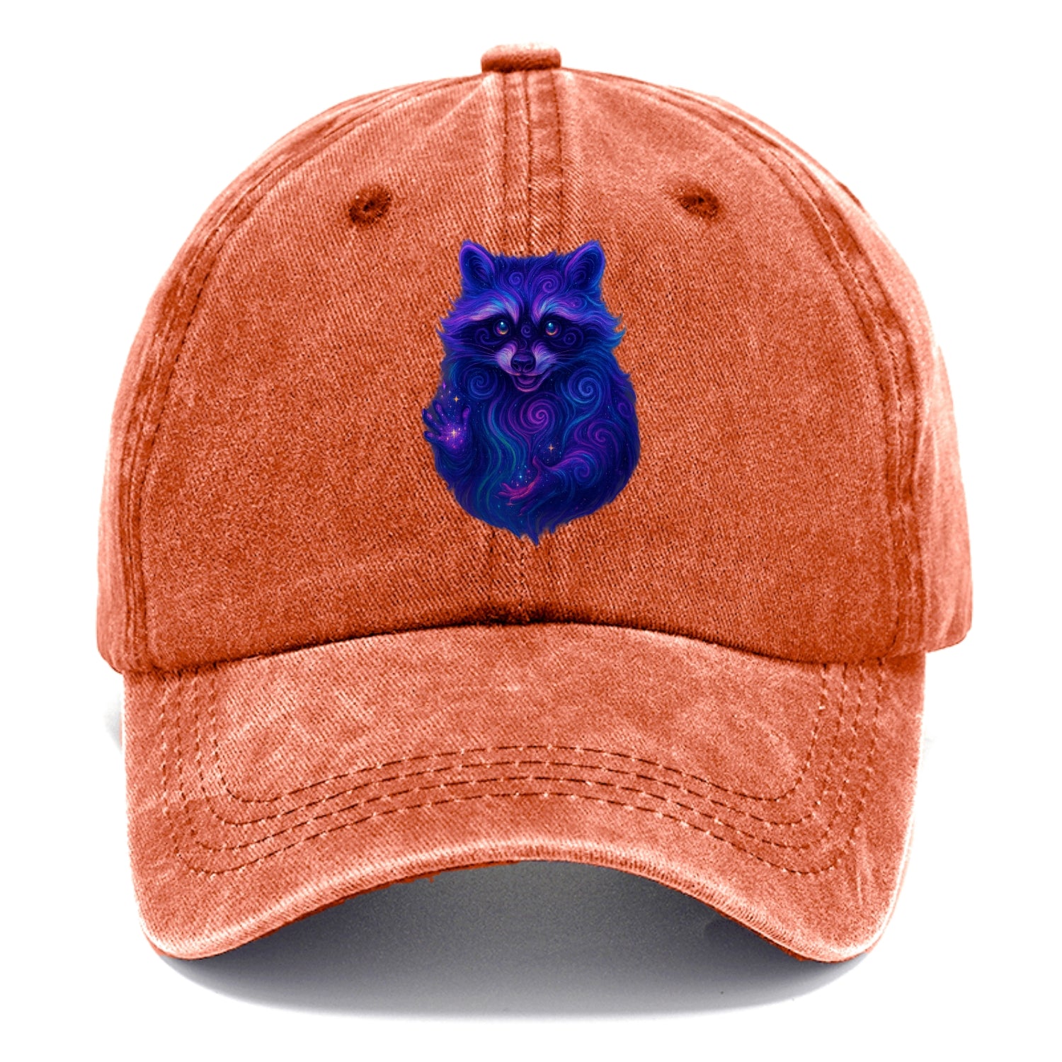 Playful raccoon with mask swirling in hypnotic patterns, neon purple and green fur - Classic Cap - Terracotta Clay(Orange)