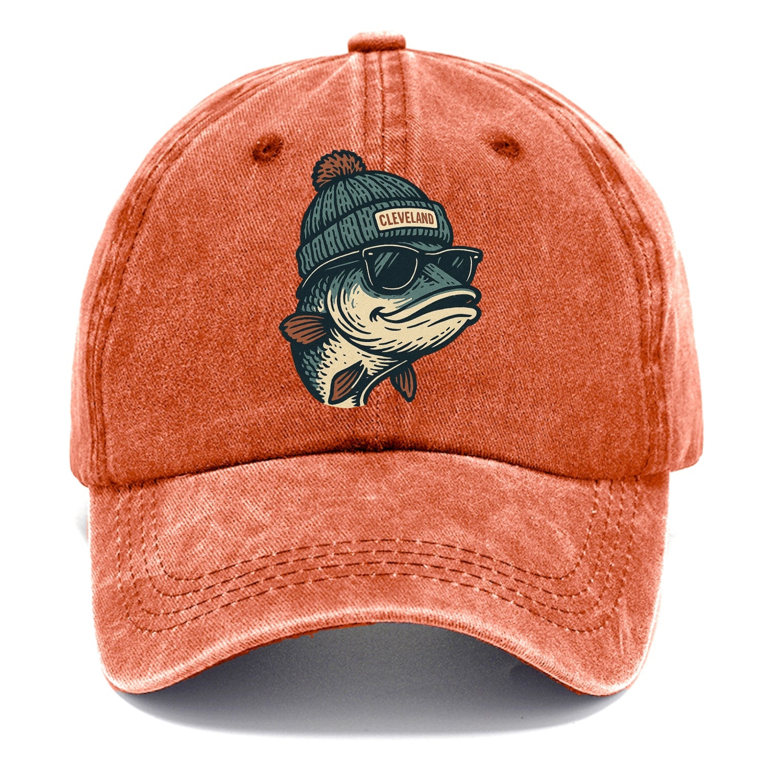 Cleveland Lake Erie Walleye wearing Cleveland beanie with pom pom and wayfarer - Classic Cap - Terracotta Clay(Orange)