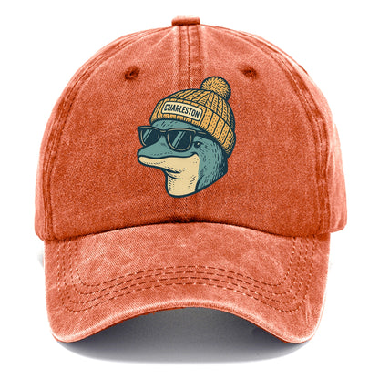 Charleston Dolphin wearing Charleston beanie with pom pom and wayfarer sunglasses - Classic Cap - Terracotta Clay(Orange)