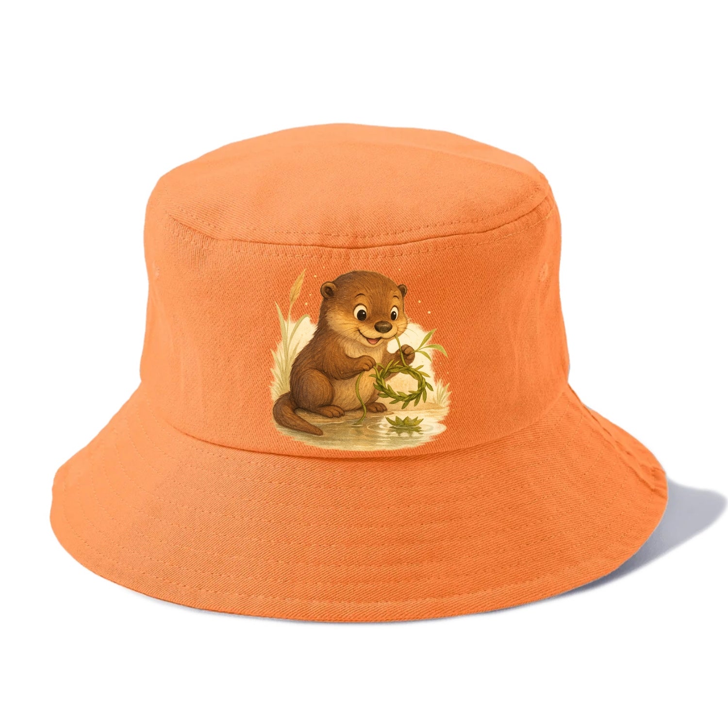 Otter weaving river reeds into a floating crown beside mirror-still water - Bucket Hat - Terracotta Clay(Orange)