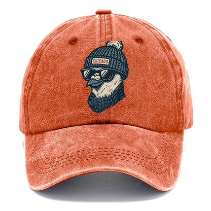 Chicago Pigeon wearing Chicago beanie with pom pom and wayfarer sunglasses - Classic Cap - Terracotta Clay(Orange)