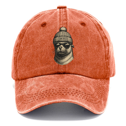 San Diego Sea Lion wearing San Diego beanie with pom pom and wayfarer sunglasses - Classic Cap - Terracotta Clay(Orange)