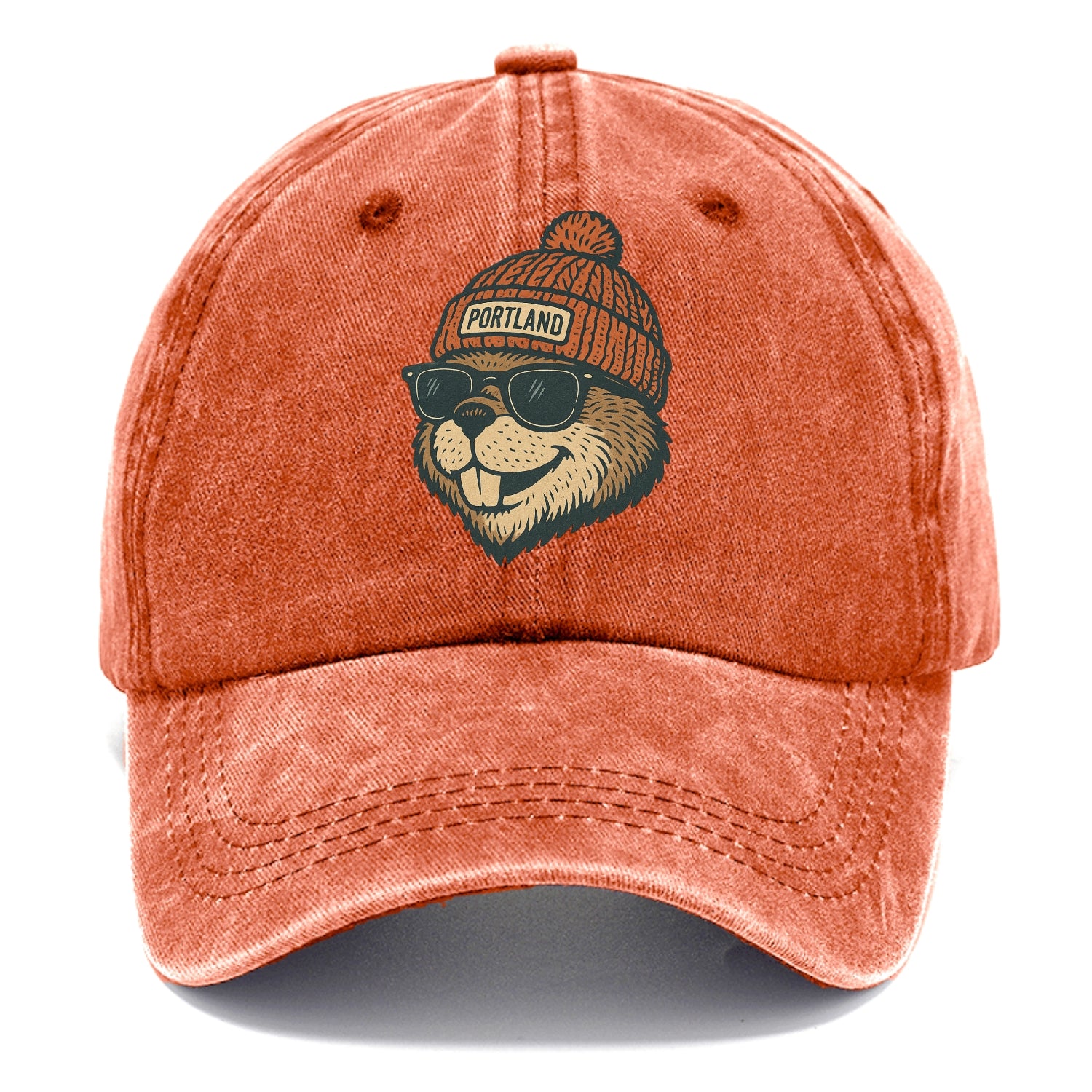 Oregon Beaver wearing Portland beanie with pom pom and wayfarer sunglasses - Classic Cap - Terracotta Clay(Orange)