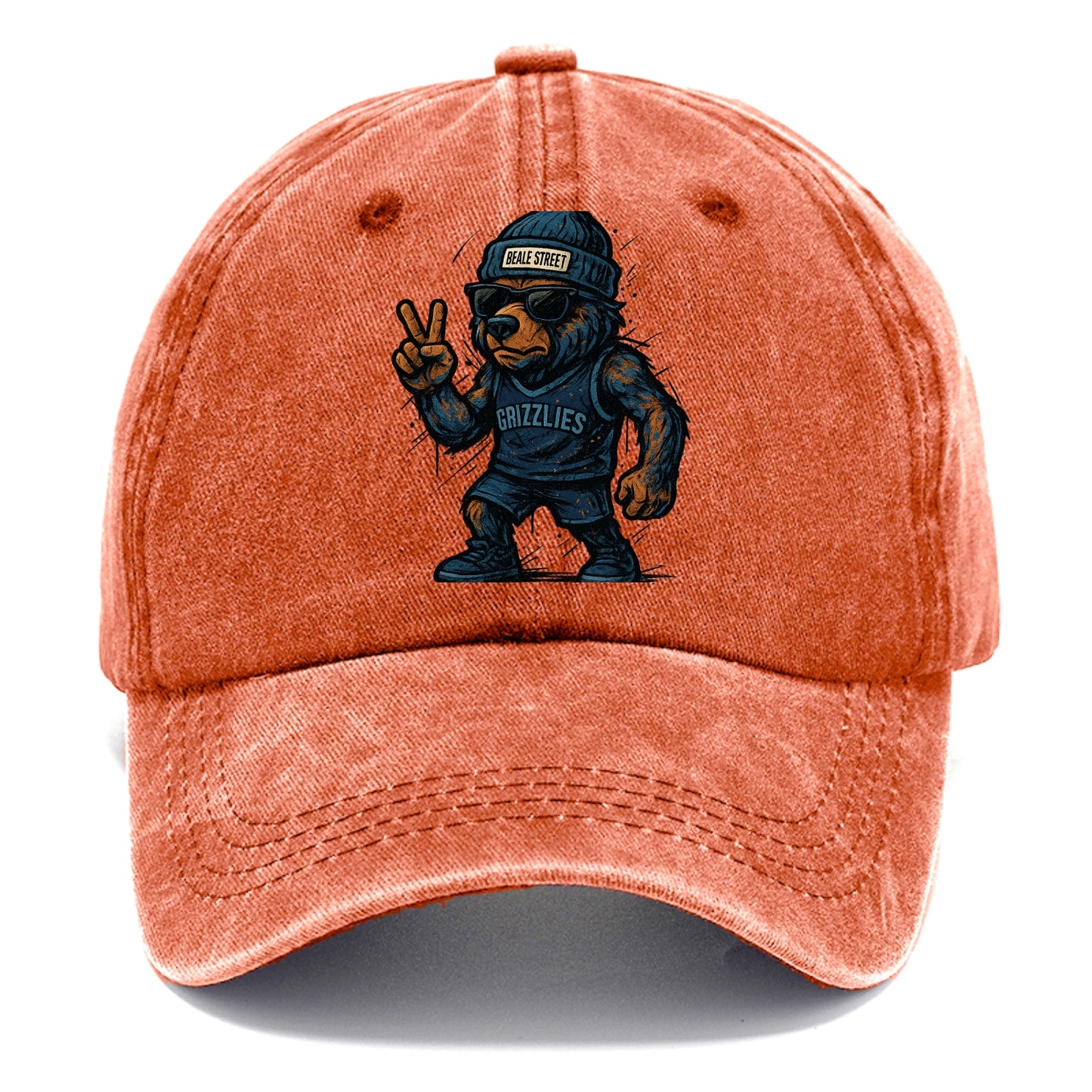 Memphis Grizzly Bear wearing Grizzlies navy and light blue beanie with Beale Street - Classic Cap - Terracotta Clay(Orange)