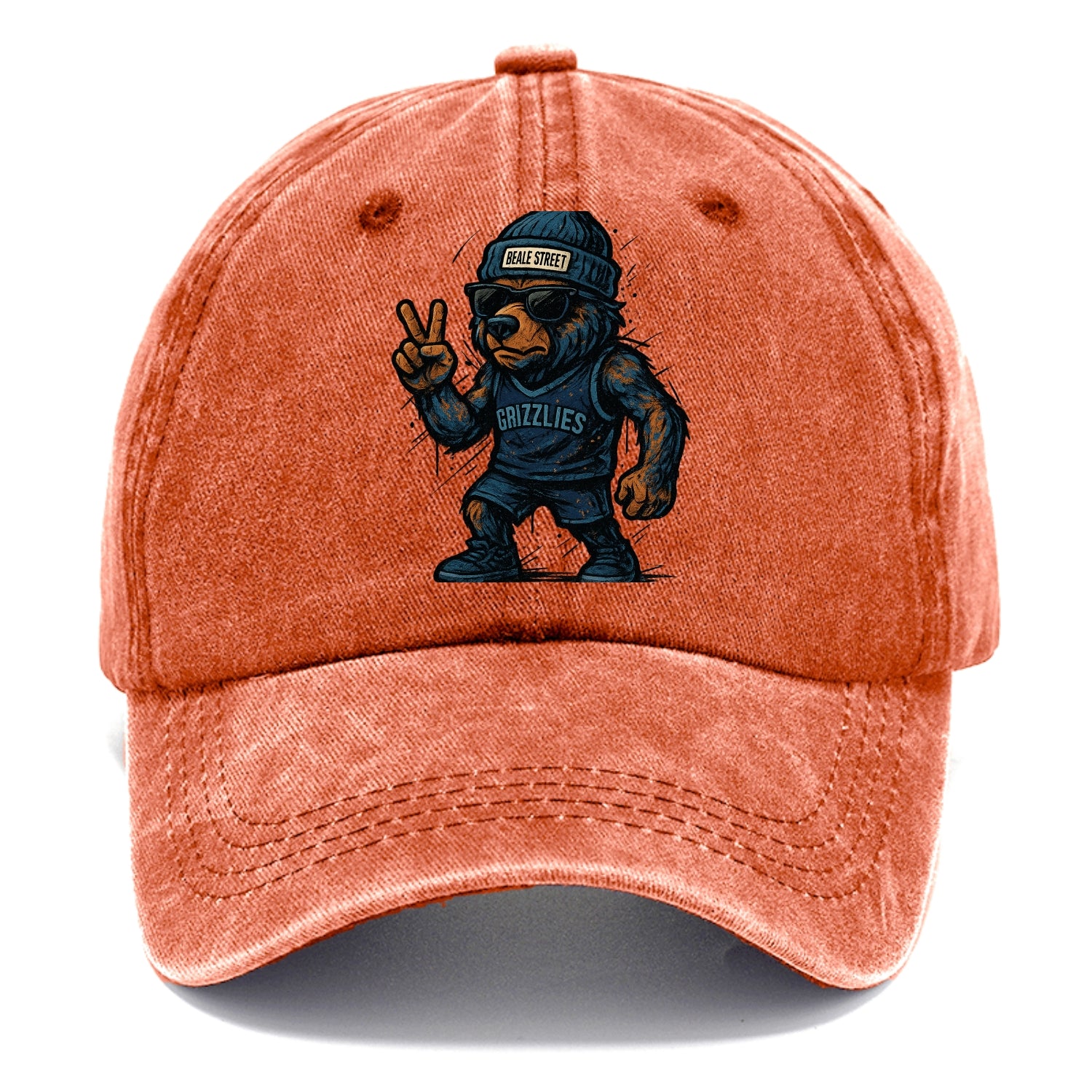 Memphis Grizzly Bear wearing Grizzlies navy and light blue beanie with Beale Street - Classic Cap - Terracotta Clay(Orange)