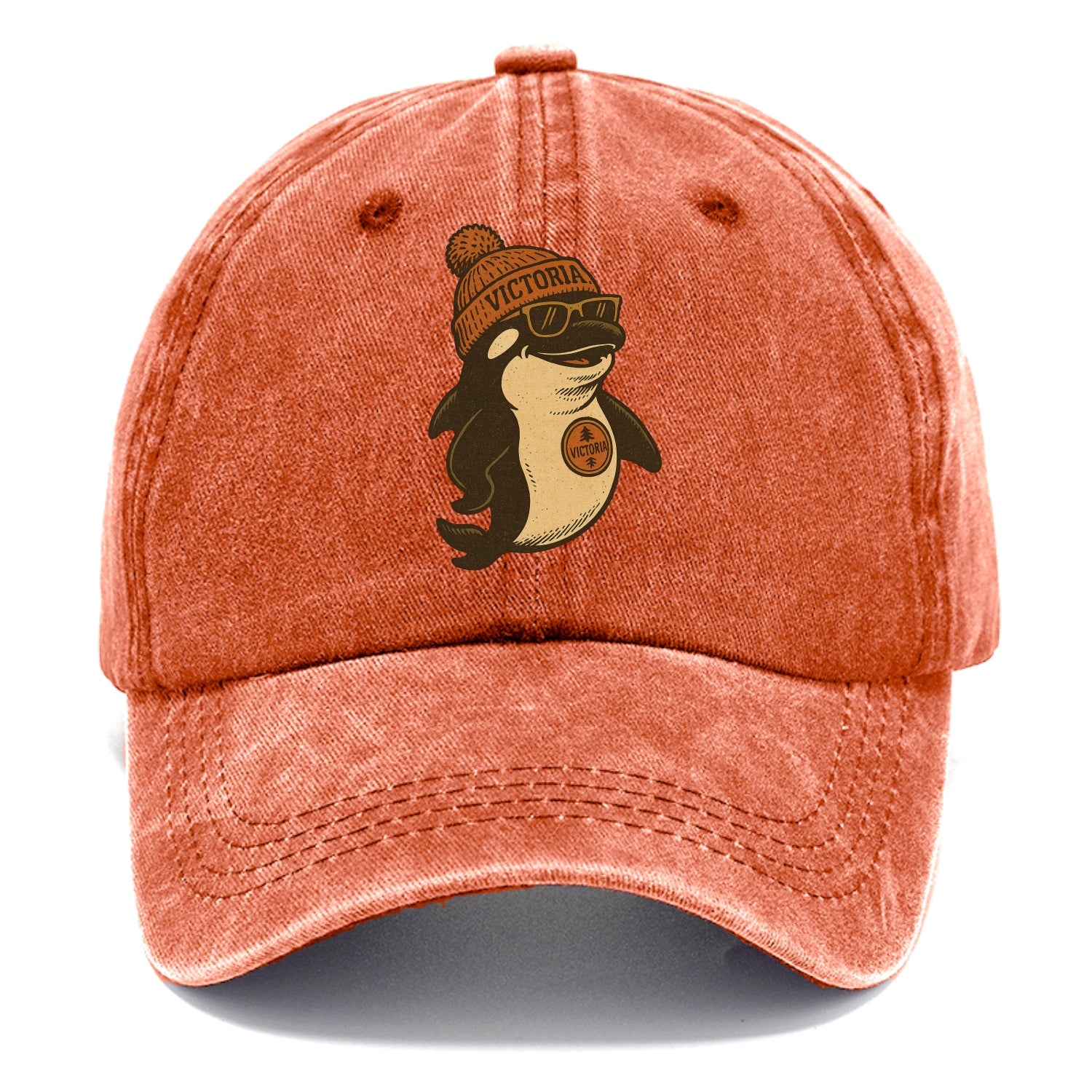 Victoria Orca wearing Victoria beanie with pom pom and wayfarer sunglasses - Classic Cap - Terracotta Clay(Orange)