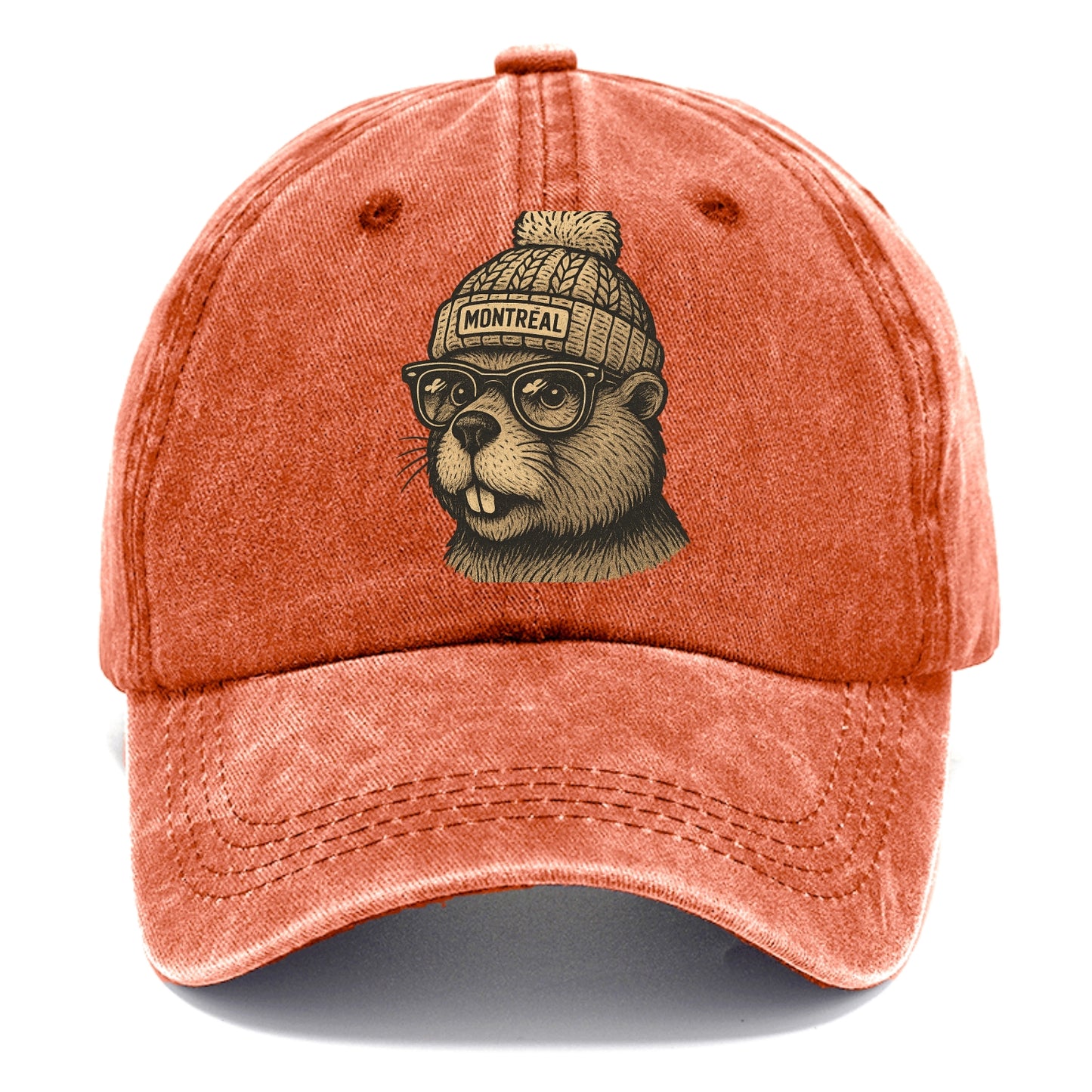 Montreal Beaver wearing Montreal beanie with pom pom and wayfarer sunglasses - Classic Cap - Terracotta Clay(Orange)