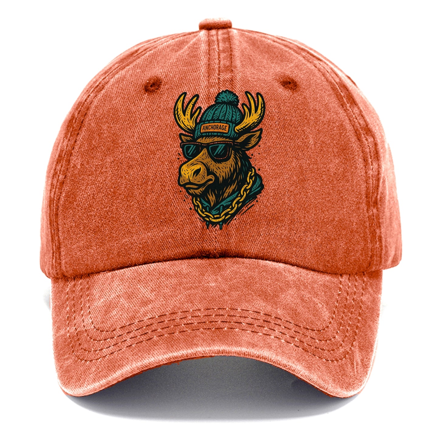Alaska Moose wearing Anchorage beanie with pom pom and wayfarer sunglasses - Classic Cap - Terracotta Clay(Orange)