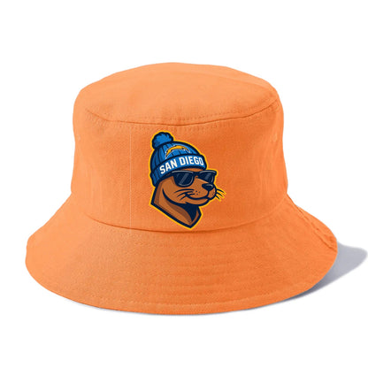 San Diego Sea Lion wearing Chargers beanie with bolt patch and wayfarer sunglasses - Bucket Hat - Terracotta Clay(Orange)