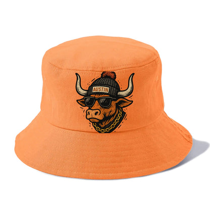 Texas Longhorn wearing Austin beanie with pom pom and wayfarer sunglasses - Bucket Hat - Terracotta Clay(Orange)