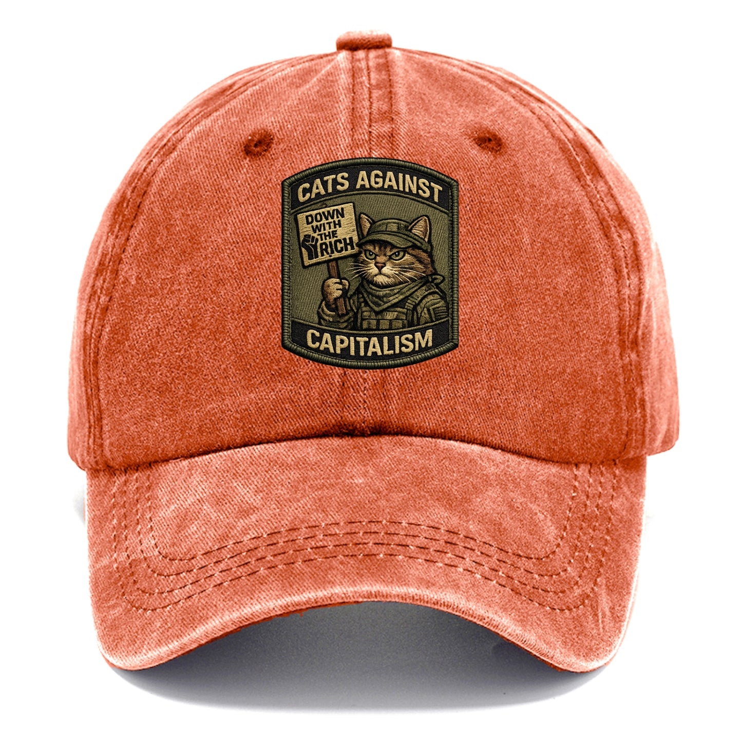 CATS AGAINST CAPITALISM - cat with protest sign in red , political cat - Classic Cap - Terracotta Clay(Orange)