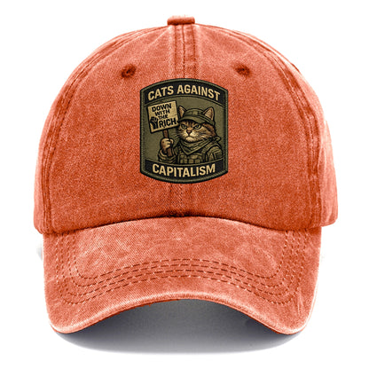 CATS AGAINST CAPITALISM - cat with protest sign in red , political cat - Classic Cap - Terracotta Clay(Orange)