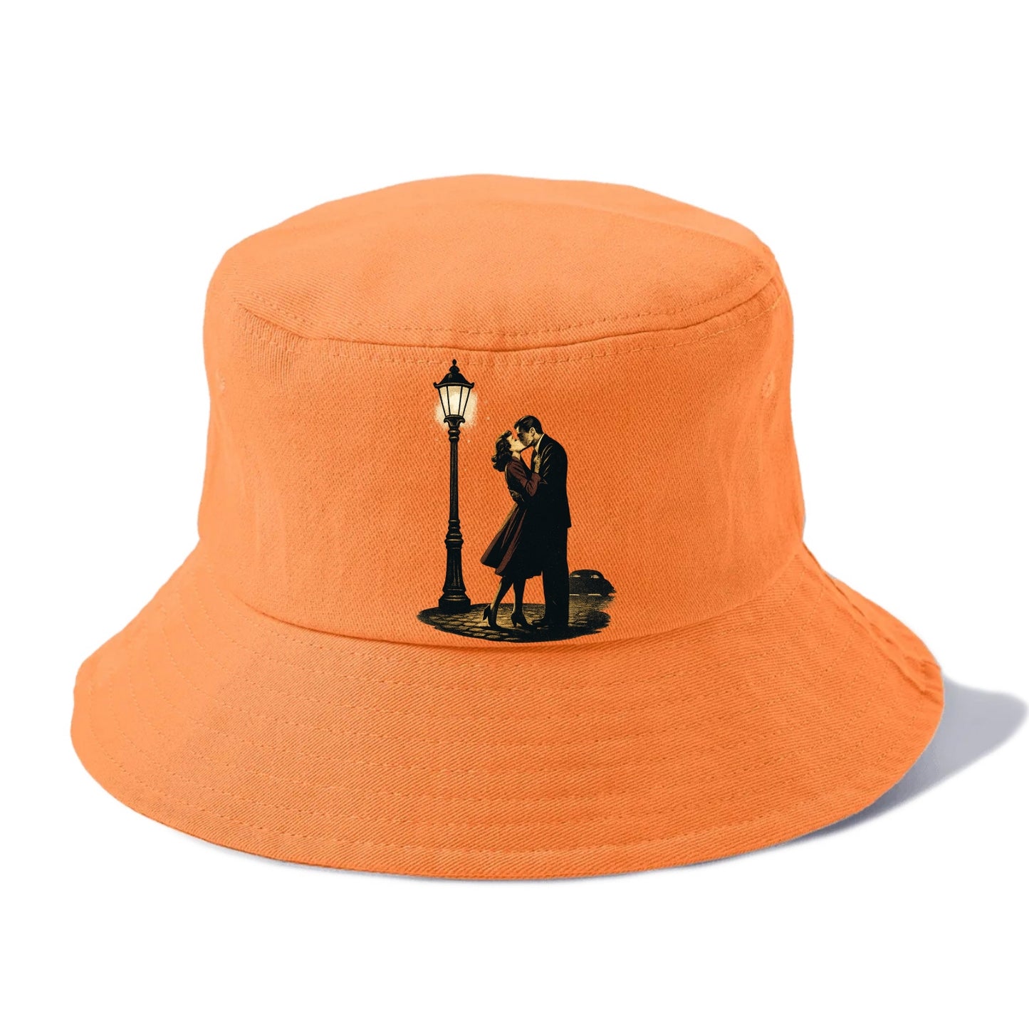 first kiss under vintage street lamp on cobblestone at night - Bucket Hat - Terracotta Clay(Orange)