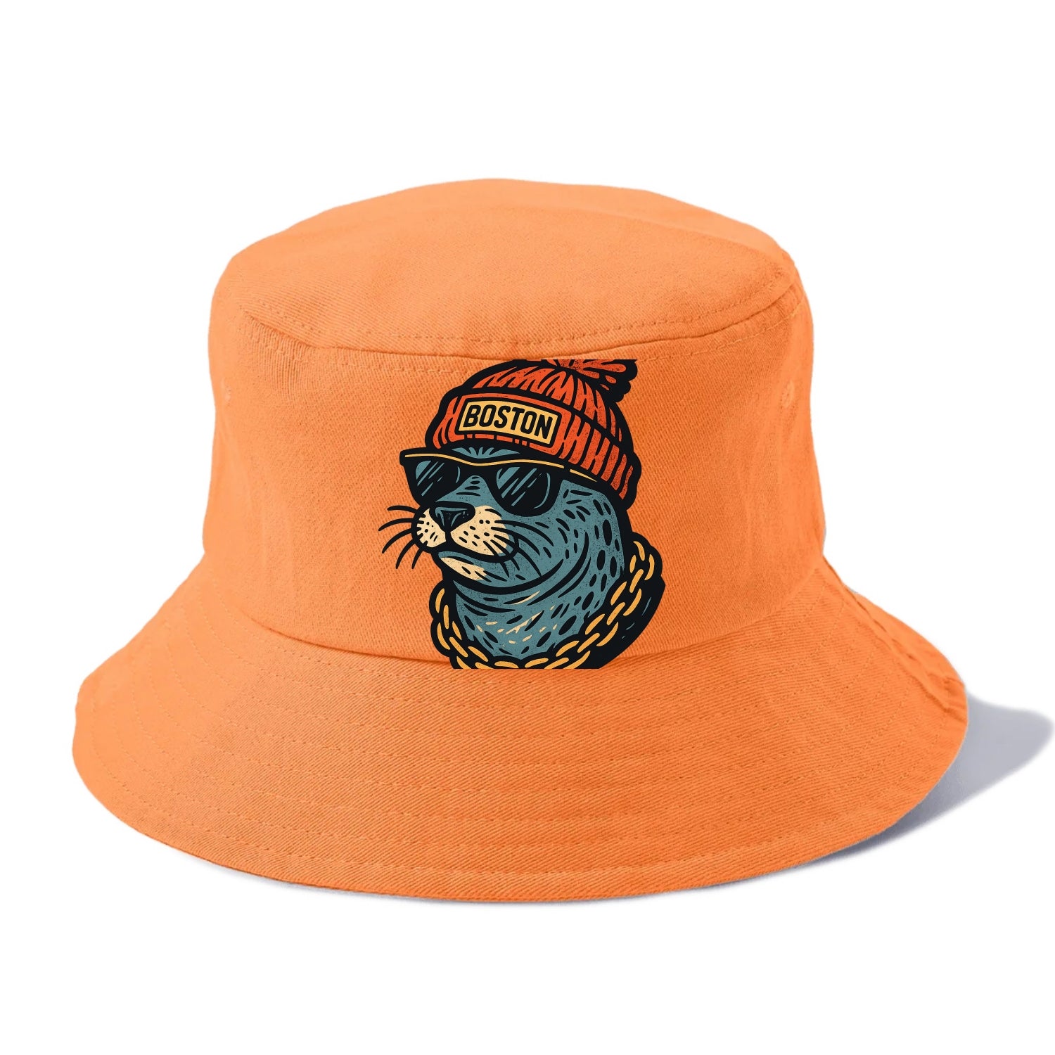Boston Harbor Seal wearing Boston beanie with pom pom and wayfarer sunglasses - Bucket Hat - Terracotta Clay(Orange)