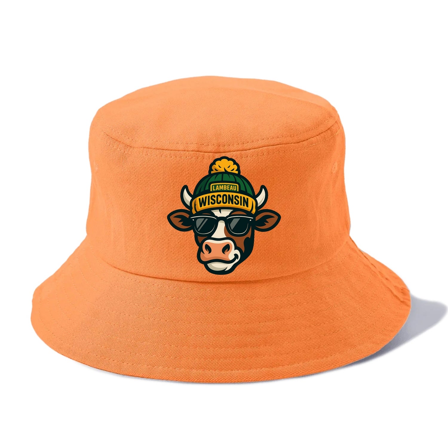 Wisconsin Cow wearing Packers beanie with Lambeau patch and wayfarer sunglasses - Bucket Hat - Terracotta Clay(Orange)