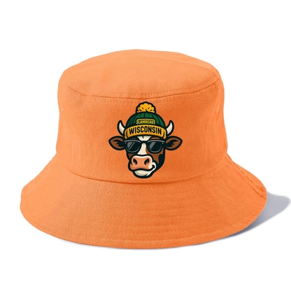 Wisconsin Cow wearing Packers beanie with Lambeau patch and wayfarer sunglasses - Bucket Hat - Terracotta Clay(Orange)