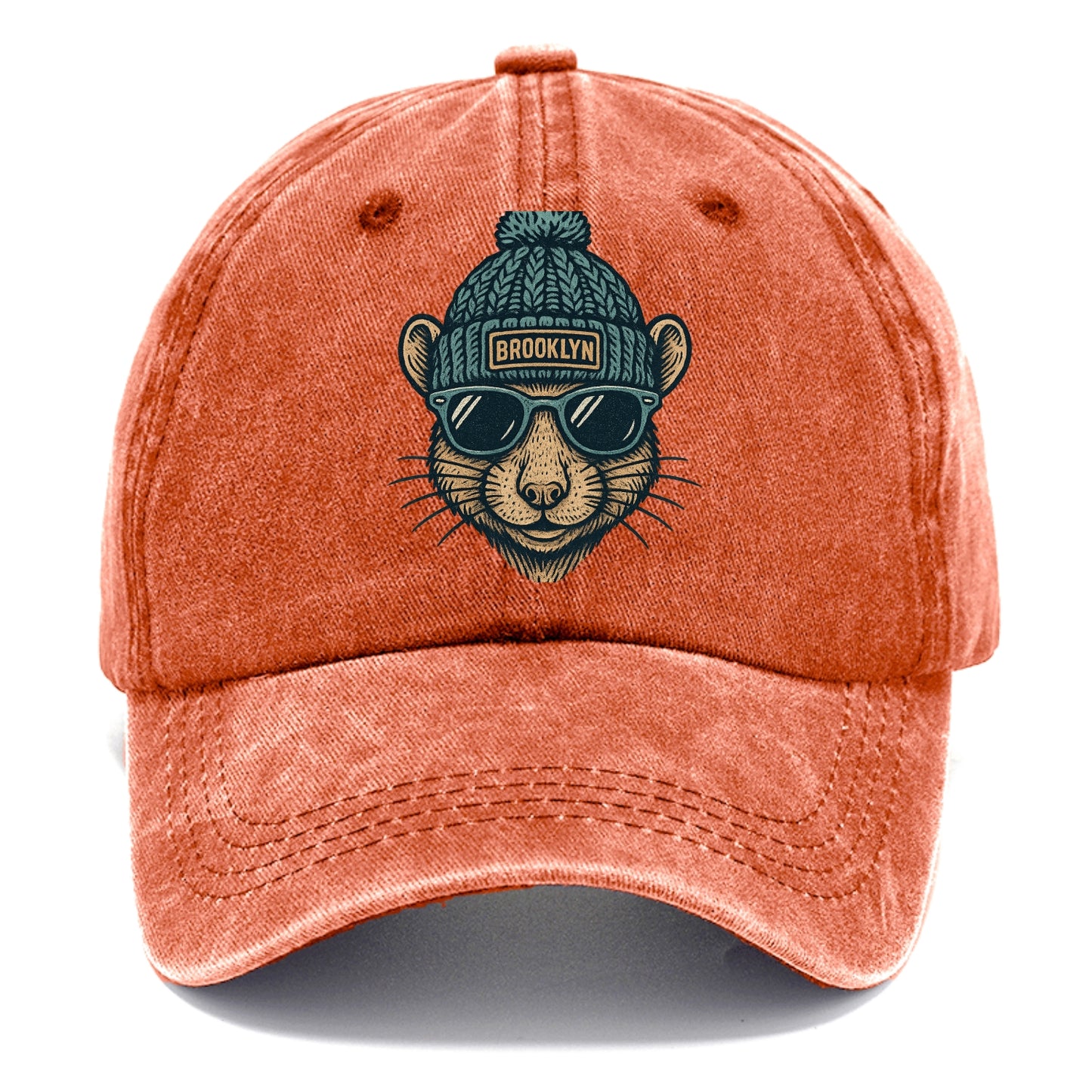NYC Rat wearing Brooklyn beanie with pom pom and wayfarer sunglasses - Classic Cap - Terracotta Clay(Orange)