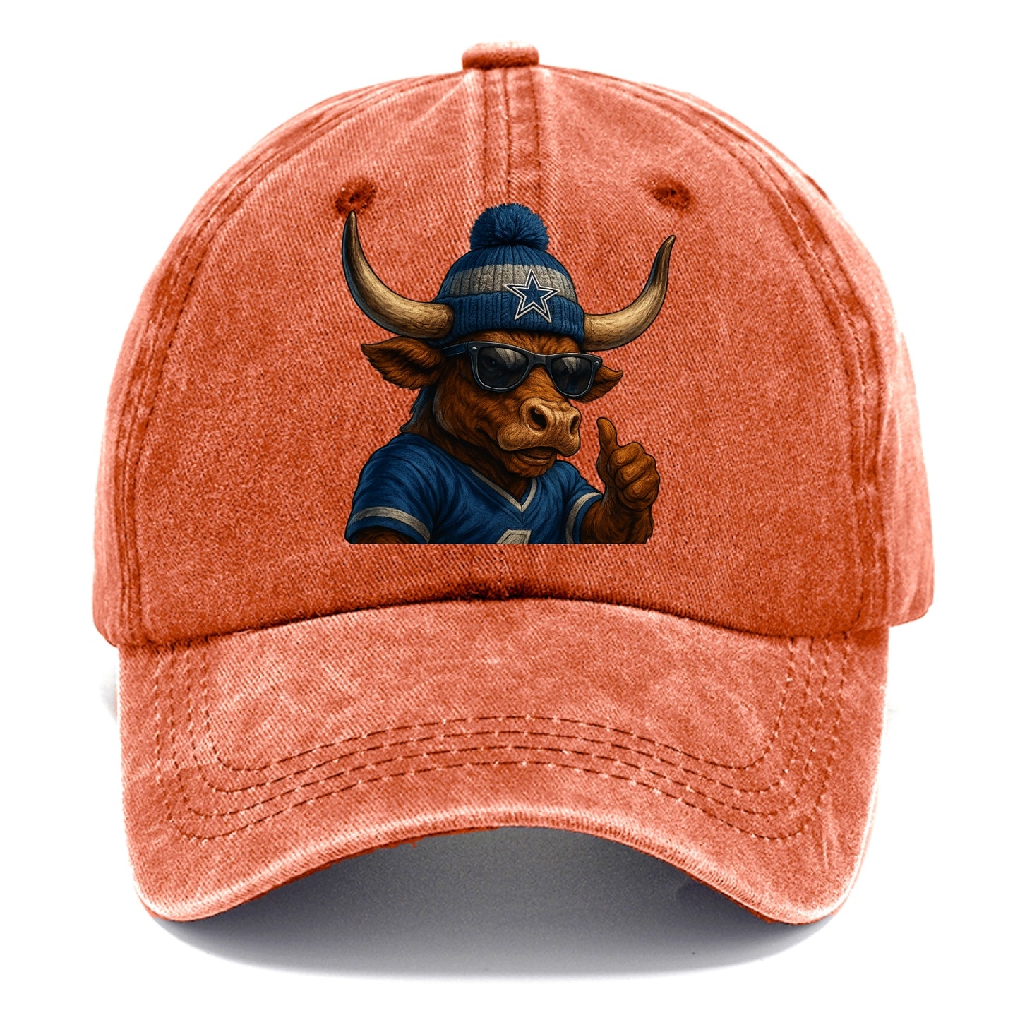Texas Longhorn wearing Cowboys silver and blue beanie with star and wayfarer - Classic Cap - Terracotta Clay(Orange)