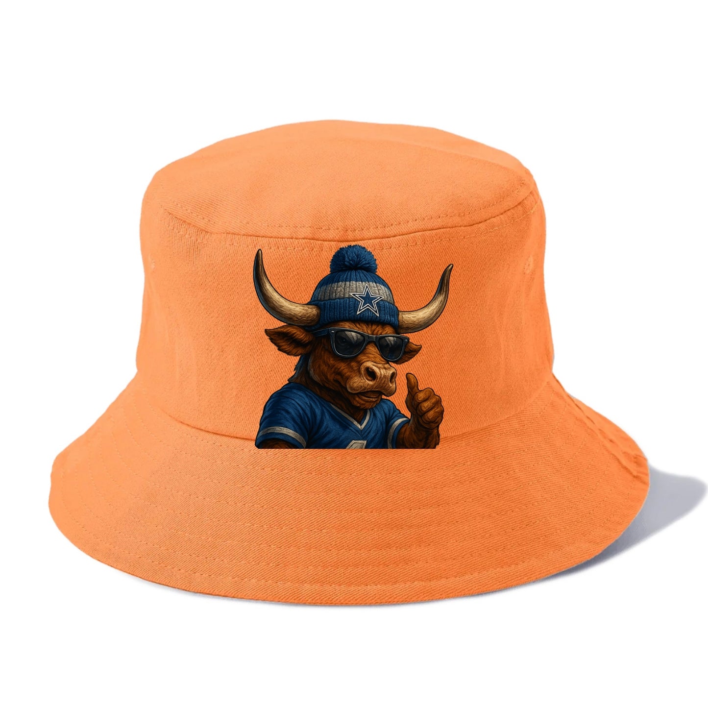 Texas Longhorn wearing Cowboys silver and blue beanie with star and wayfarer sunglasses - Bucket Hat - Terracotta Clay(Orange)