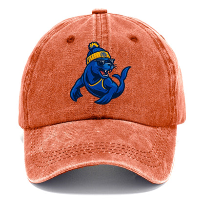 Bay Area Sea Lion wearing Warriors blue and gold beanie with Golden Gate and wayfarer - Classic Cap - Terracotta Clay(Orange)
