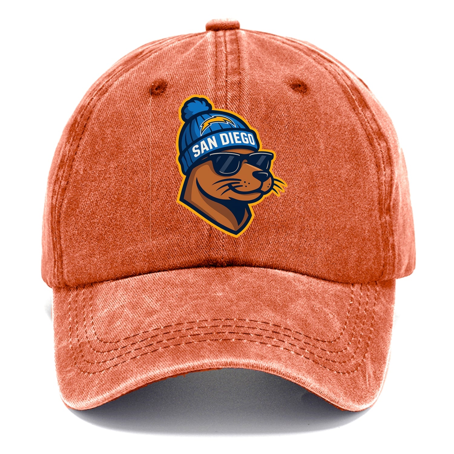San Diego Sea Lion wearing Chargers beanie with bolt patch and wayfarer sunglasses - Classic Cap - Terracotta Clay(Orange)