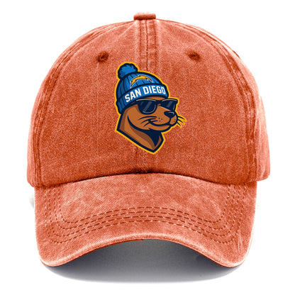San Diego Sea Lion wearing Chargers beanie with bolt patch and wayfarer sunglasses - Classic Cap - Terracotta Clay(Orange)