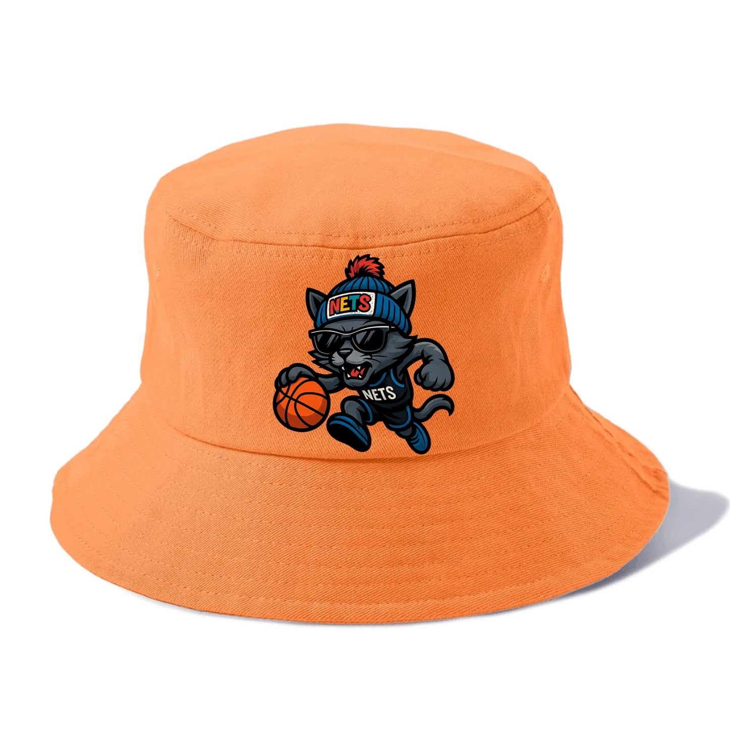 Brooklyn Cat wearing Nets beanie with street art patch and wayfarer sunglasses - Bucket Hat - Terracotta Clay(Orange)
