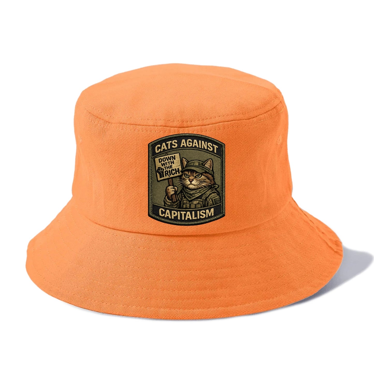 CATS AGAINST CAPITALISM - cat with protest sign in red , political cat - Bucket Hat - Terracotta Clay(Orange)