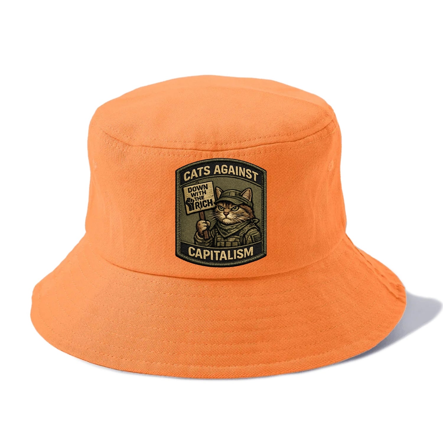 CATS AGAINST CAPITALISM - cat with protest sign in red , political cat - Bucket Hat - Terracotta Clay(Orange)