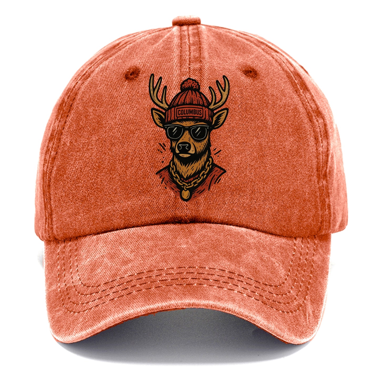 Columbus White-tailed Deer wearing Columbus beanie with pom pom and wayfarer - Classic Cap - Terracotta Clay(Orange)