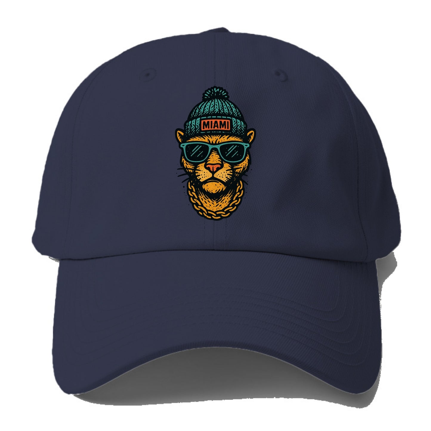 Florida Panther wearing Miami beanie with pom pom and wayfarer - Baseball Cap For Big Heads - Twilight Navy(Blue)