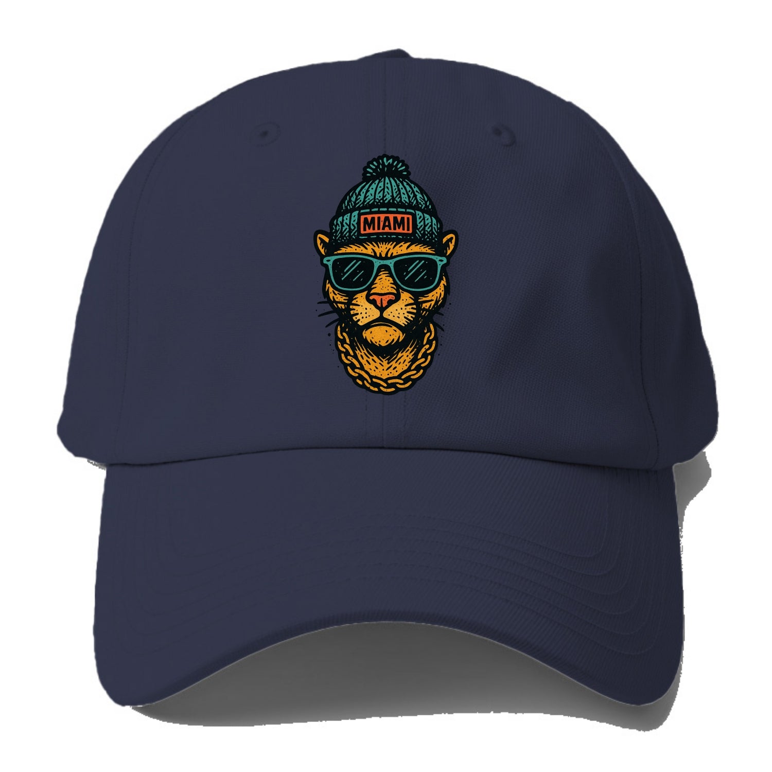 Florida Panther wearing Miami beanie with pom pom and wayfarer - Baseball Cap For Big Heads - Twilight Navy(Blue)