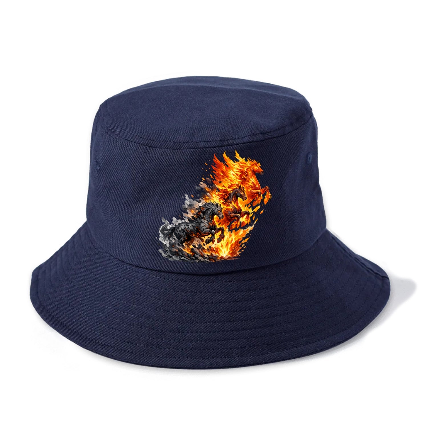 INFERNO STALLION | Horse made entirely of living flames | Blazing mane and tail | Fire - Bucket Hat - Twilight Navy(Blue)