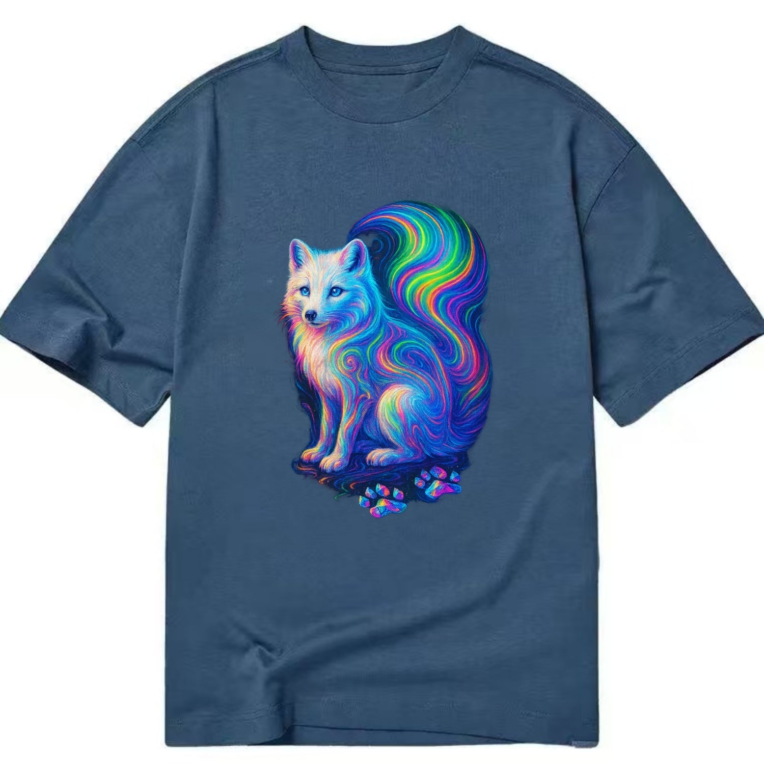 Graceful arctic fox with tail streaming aurora colors, white fur with prismatic - Classic T-shirt - Twilight Navy(Blue)