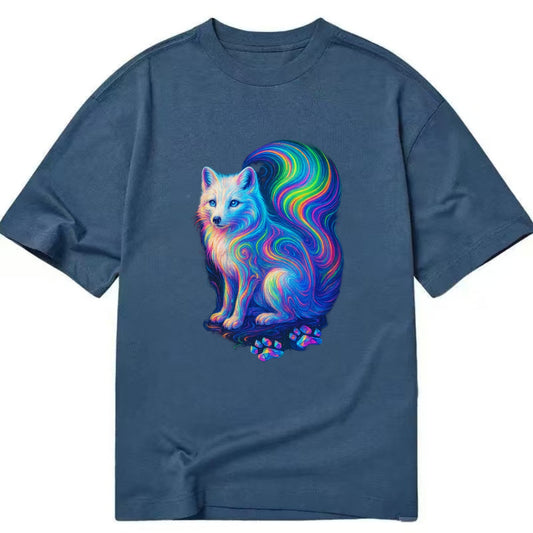 Graceful arctic fox with tail streaming aurora colors, white fur with prismatic - Classic T-shirt - Twilight Navy(Blue)